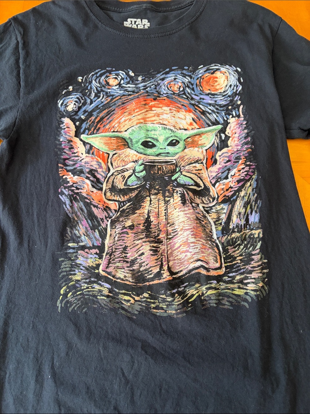 Star Wars Kids Tee with Green Grogu and Multicolor Van Gogh-Style Print on Black